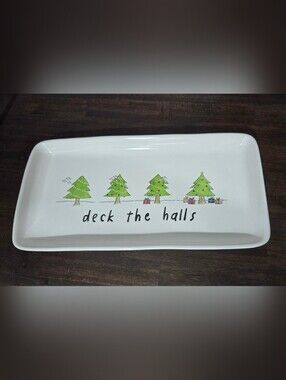 Rae Dunn Deck the Halls Ceramic Serving Platter - White with Green Trees